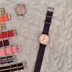 Timex watch faces (2; white and gray) with ten multicolored nylon bands